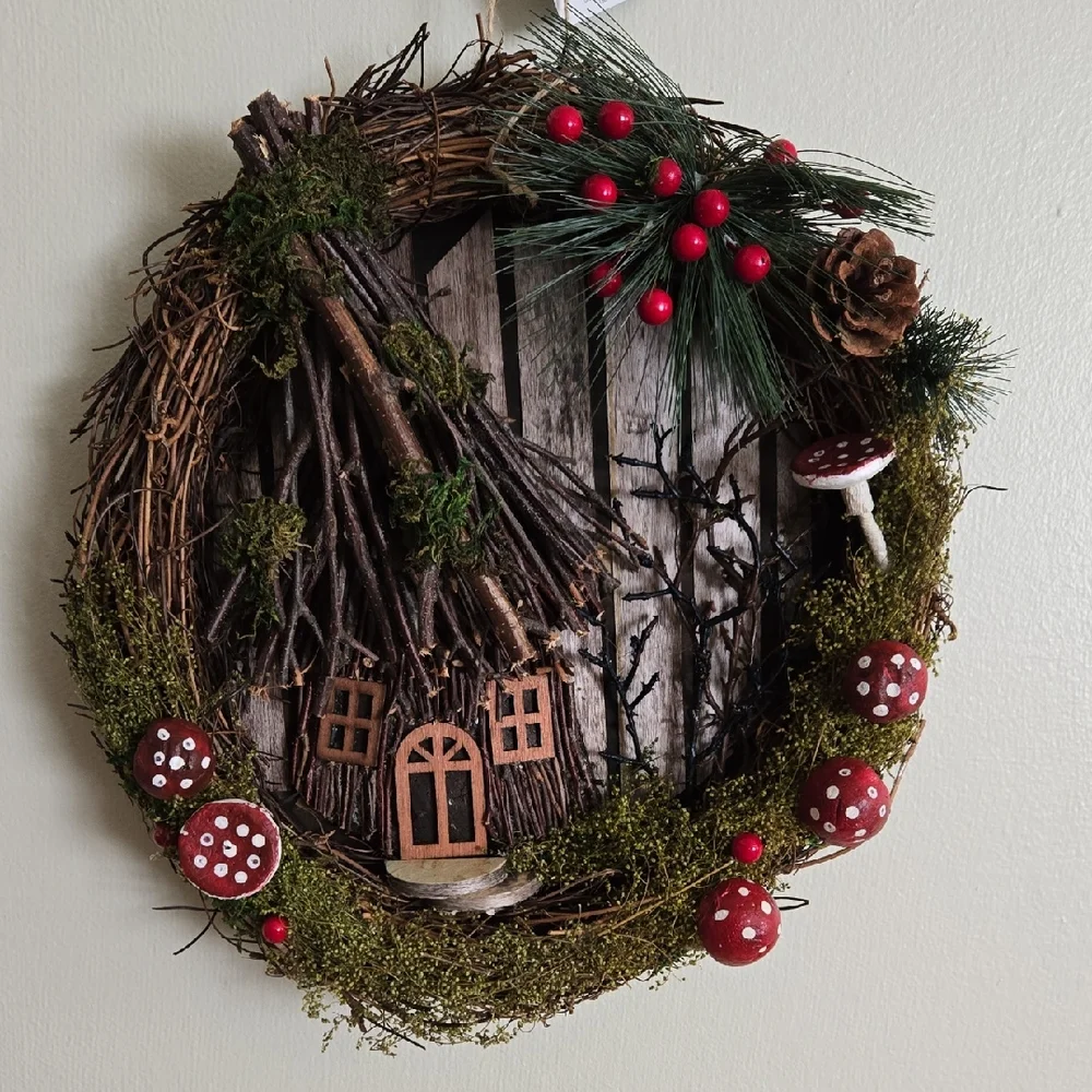 Forest Rustic Cottage Wreath with Red Mushroom Accents